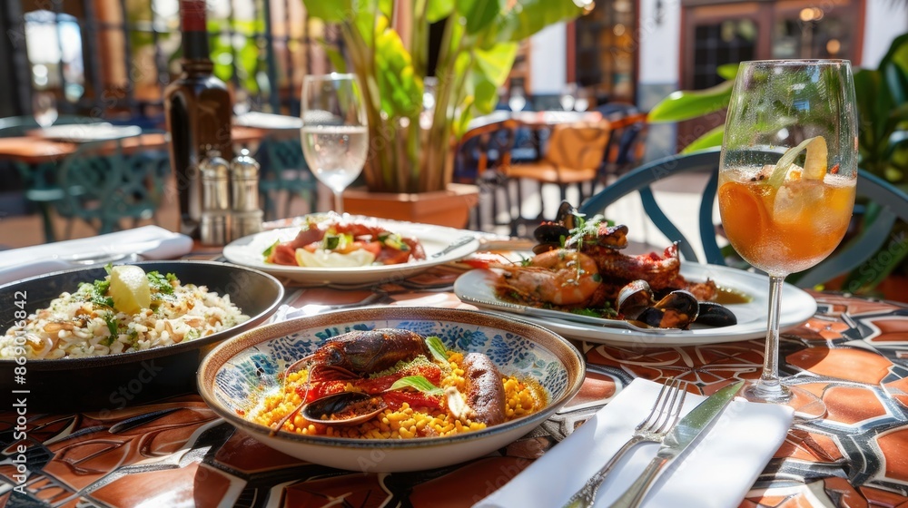 Vibrant Spanish Feast on Sun Drenched Terrace with Traditional Cuisine and Mediterranean Flair Vibrant Spanish Feast on Sun Drenched Terrace with Traditional Cuisine and Mediterranean Flair