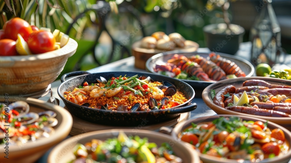 Vibrant Spanish Feast with Paella Chorizo and Seaside Ambiance Vibrant Spanish Feast with Paella Chorizo and Seaside Ambiance