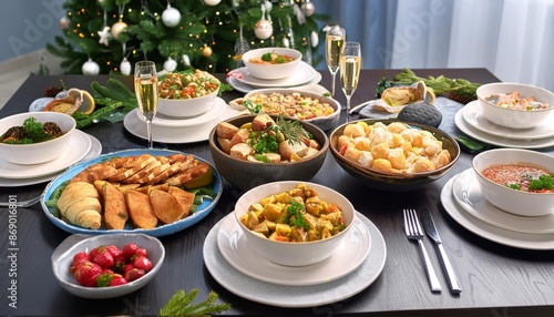 Festive Christmas Dinner Table with Delicious Food and New Year's Decor