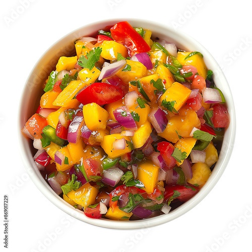 A colorful, fresh mango salsa in a white bowl, featuring diced mango, tomatoes, onions, and cilantro. Perfect topping for tacos or grilled fish.