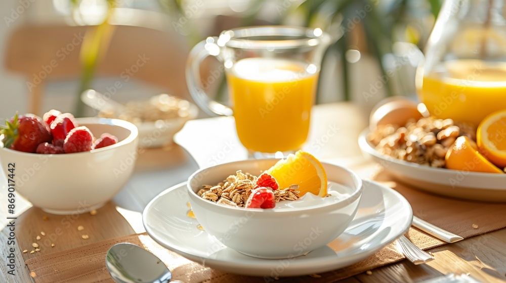 A healthy breakfast setup with a bowl of yogurt, a handful of granola, and a small pitcher of freshly squeezed orange juice A healthy breakfast setup with a bowl of yogurt, a handful of granola, and a small pitcher of freshly squeezed orange juice