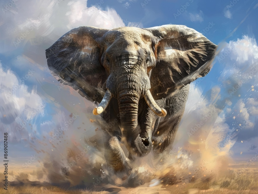 Fototapeta premium Colossal Charging African Elephant Thundering Across Savanna in Dramatic Digital Painting