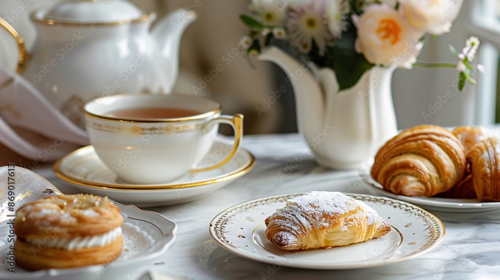 A luxurious spread with a pot of Darjeeling tea, a cup and saucer with a gold rim, and a plate of delicate pastries A luxurious spread with a pot of Darjeeling tea, a cup and saucer with a gold rim, and a plate of delicate pastries