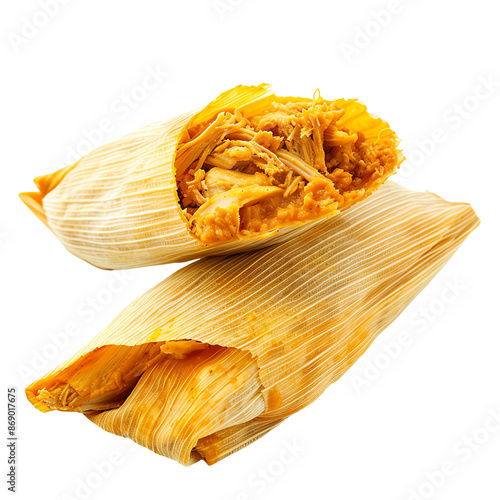 Traditional tamales with shredded meat filling wrapped in corn husk, showcasing a delicious Mexican dish with vibrant colors.