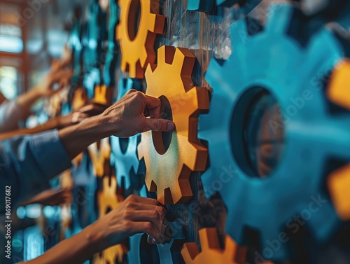 Business team collaborating, connecting gears on a wall in an office, close-up shot showing hands and gears, emphasizing teamwork, brainstorming, and company merger concepts