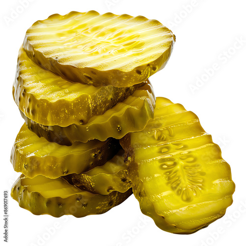 Stack of sliced pickles. Close-up of crunchy, fresh, and juicy pickle slices.