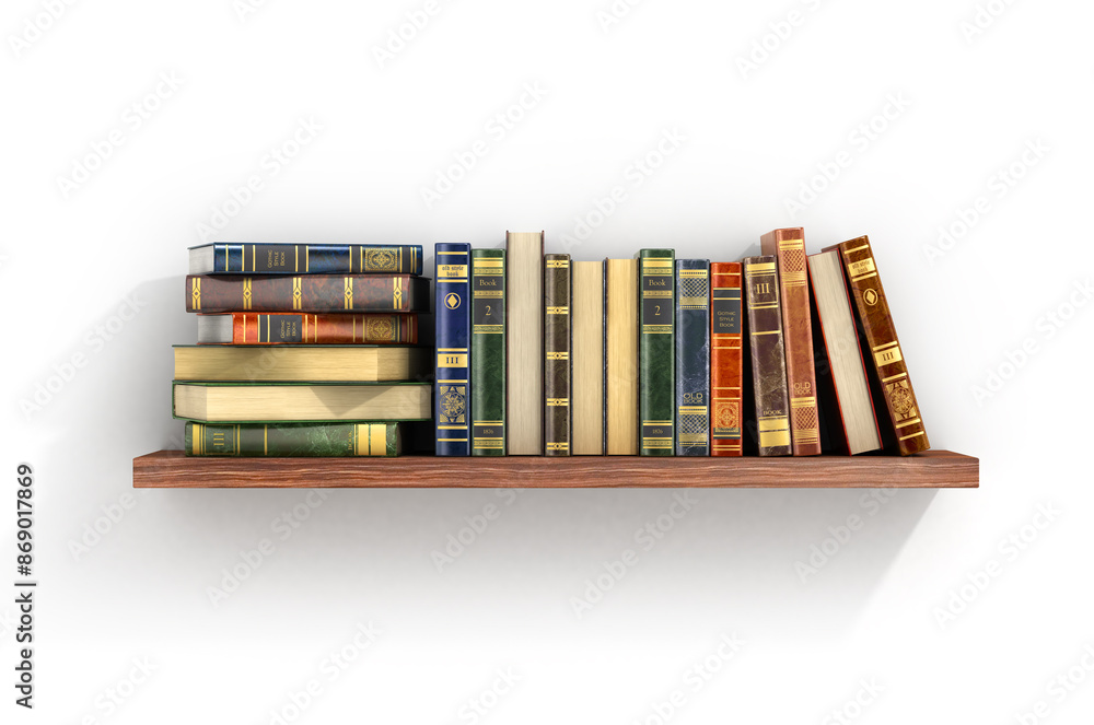 Naklejka premium Colorful books on the wood shelf.