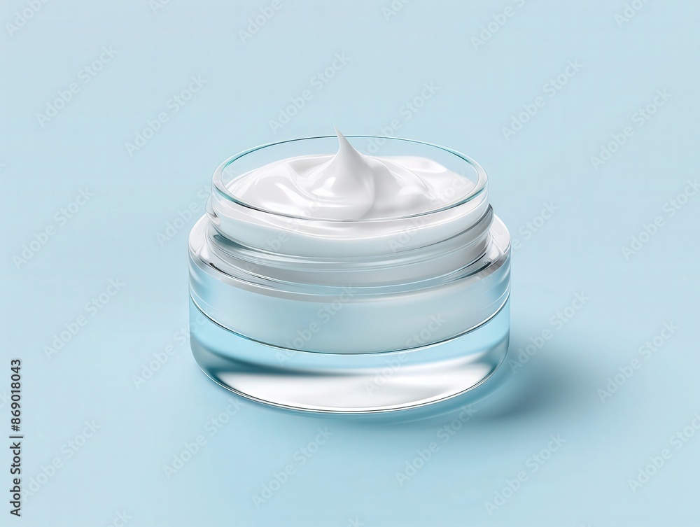 Close-up of an open jar of white face cream on a light blue background, showcasing skincare product for moisturizing and nourishment.