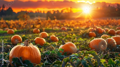 A picturesque pumpkin patch at sunset, with rows of pumpkins in various sizes and colors, set against a backdrop of vibrant autumn foliage