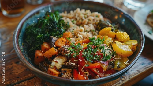 Hearty Vegan Grain Bowl with Colorful Roasted Vegetables in Rustic Wooden Setting
