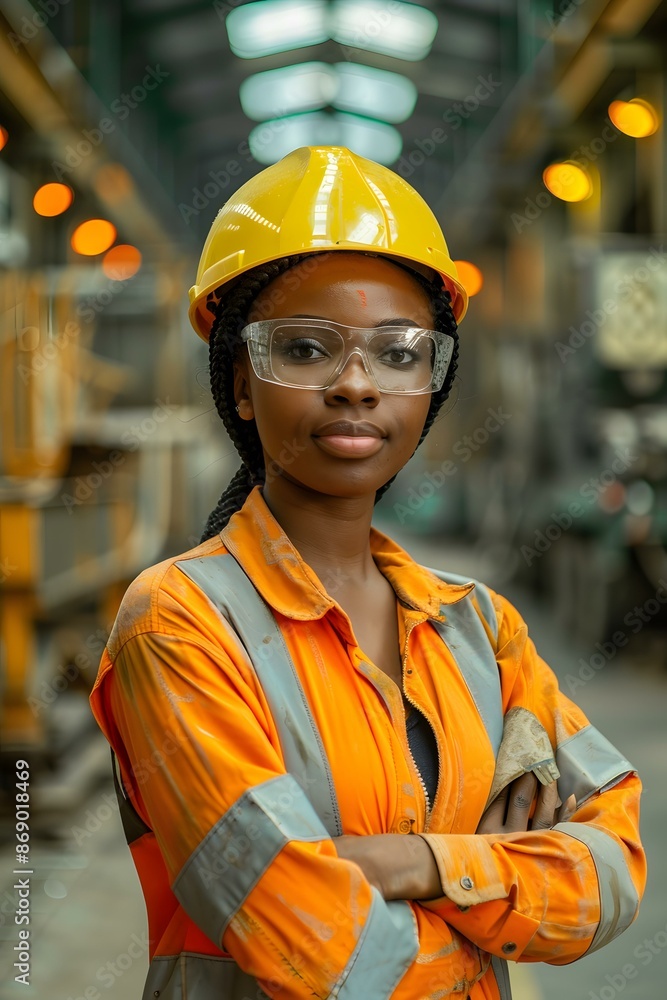 Portrait of a confident female engineer wearing safety gear in a factory Portrait of a confident female engineer wearing safety gear in a factory