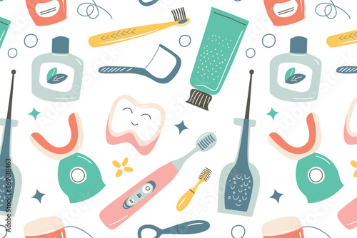 Vector illustration pattern of dental tools. Cute icons of toothbrush, toothpaste, floss. Dental care flat design, oral health, and hygiene concepts. Seamless background with dental accessories