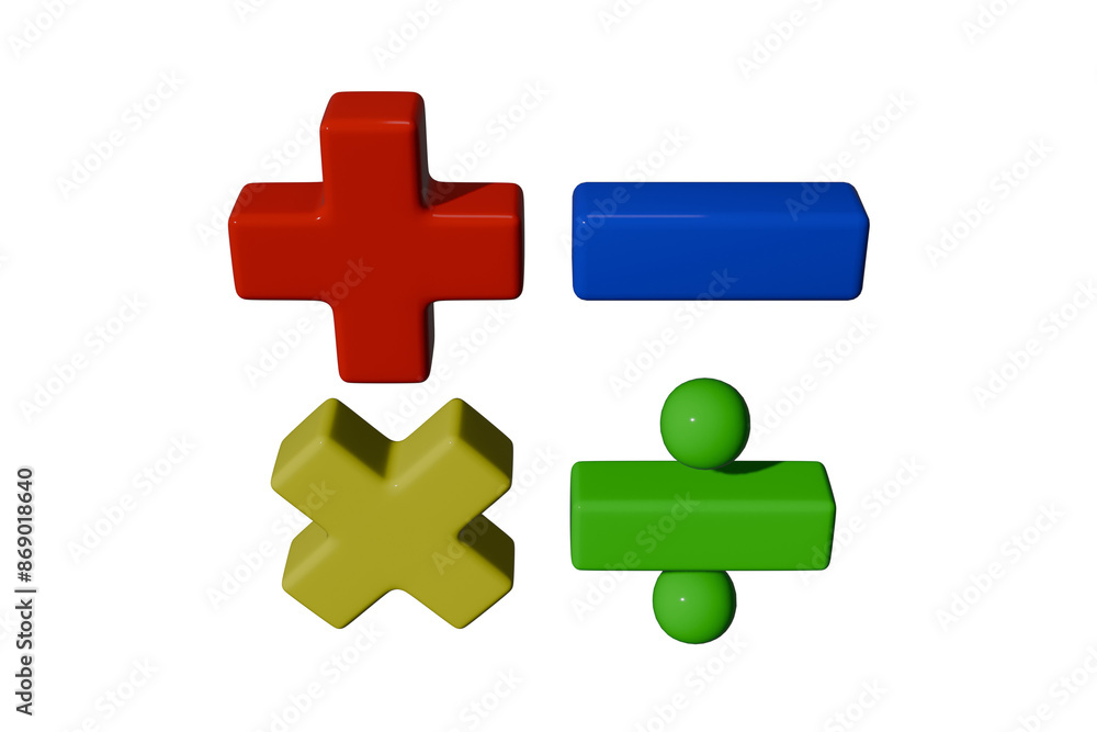 Fototapeta premium Math symbols 3D render, a red plus, blue minus, yellow multiply, green divide