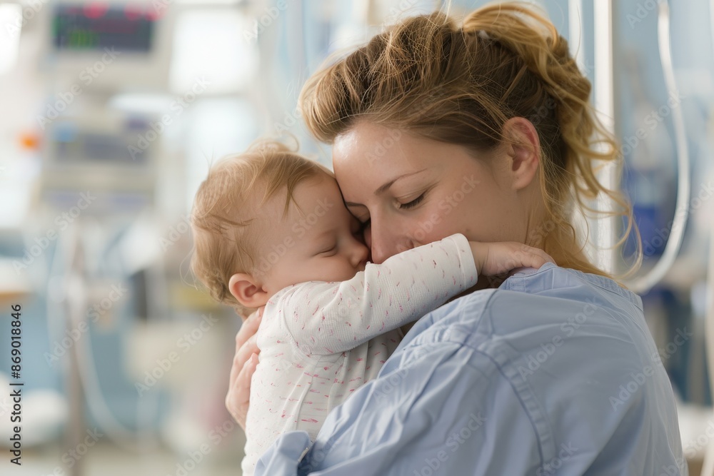 Tender moment between mother and baby in a hospital setting. Emotional connection, warmth, and nurturing care captured in a medical environment. Tender moment between mother and baby in a hospital setting. Emotional connection, warmth, and nurturing care captured in a medical environment.