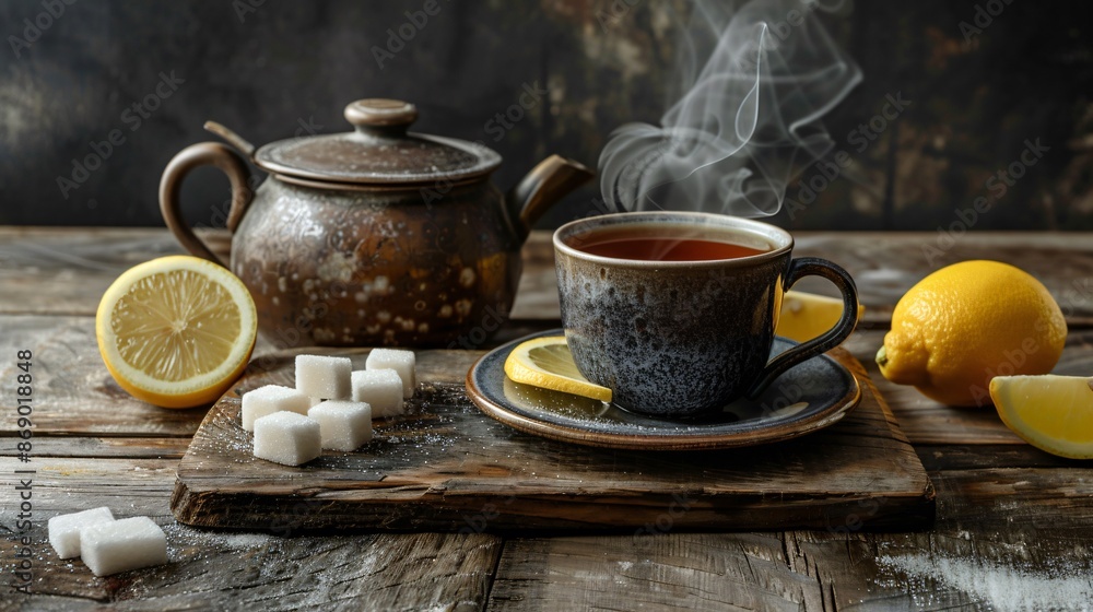 A rustic wooden table with a pot of black tea, a cup with steam rising, and a small plate of lemon slices and sugar cubes A rustic wooden table with a pot of black tea, a cup with steam rising, and a small plate of lemon slices and sugar cubes