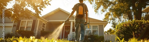 Wallpaper Mural Man spraying insecticide around home's exterior, targeting bugs and termites, ensuring effective pest control and home protection, professional service Torontodigital.ca