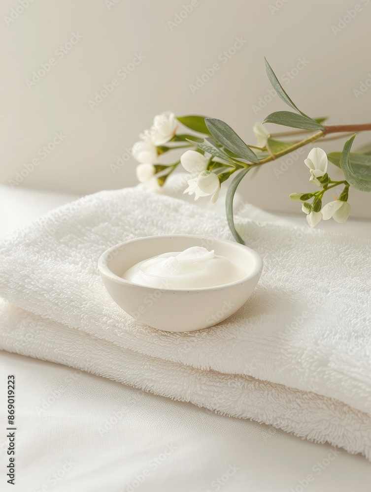 A serene spa setting featuring a bowl of cream on a stack of fluffy white towels with fresh flowers in the background. A serene spa setting featuring a bowl of cream on a stack of fluffy white towels with fresh flowers in the background.