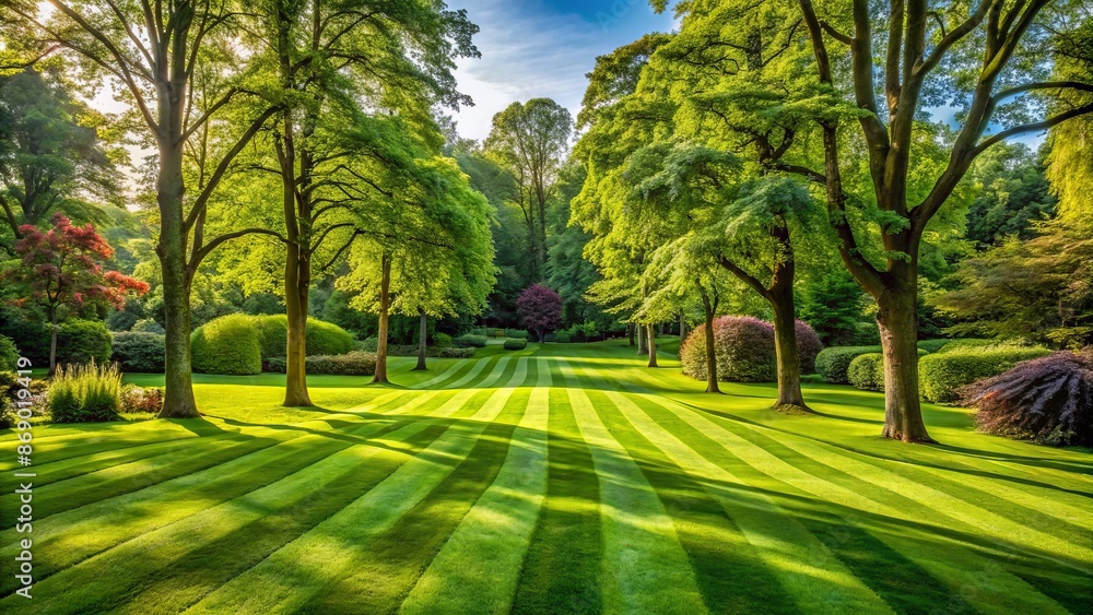 Obraz premium Serene green garden landscape with striped lawn, majestic trees, and lush grass, evoking feelings of calmness and tranquility naturally.