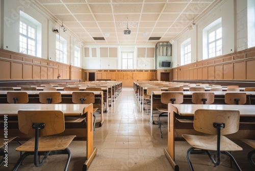 Wallpaper Mural An empty university classroom with rows of wooden desks and chairs  Torontodigital.ca