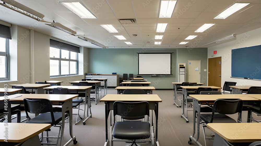 Classroom with Rows of Desks and Chairs, Featuring a Projector Screen at the Front: Ideal for Depicting Educational or Training Settings Classroom with Rows of Desks and Chairs, Featuring a Projector Screen at the Front: Ideal for Depicting Educational or Training Settings