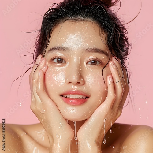 Close-up portrait of a beautiful young woman with wet face