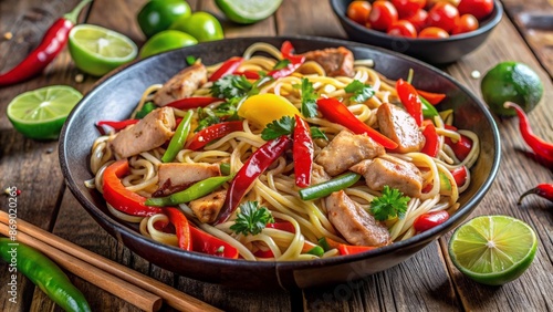 Savory Thai stir-fry dish featuring chicken, colorful vegetables, and noodles served with fresh lime wedges and spicy red chilies.