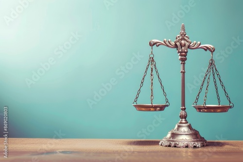 Elegant bronze scales of justice on wooden surface. photo