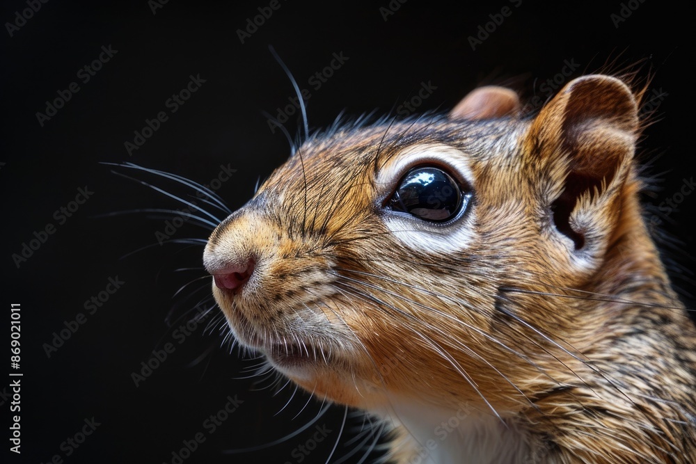 Obraz premium Close-up of squirrel's face with black background