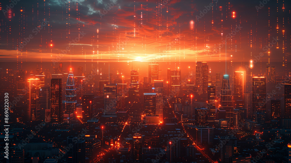 Naklejka premium sunset over the Digital background city
