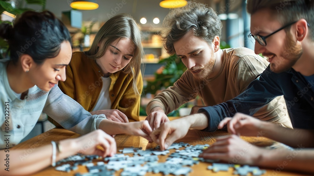Fototapeta premium Diverse Team Collaboratively Solving Jigsaw Puzzle in Modern Office Environment