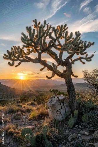 Arizona desert cactus tree at sunset, beautiful landscape photo