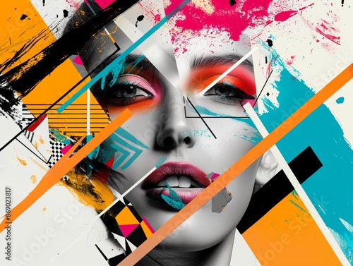 Abstract photo collage of a womans face with geometric shapes and splashes modern design in the style of a contemporary art style