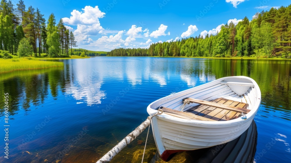 Obraz premium Serene lakeside view with white boat and clear blue sky