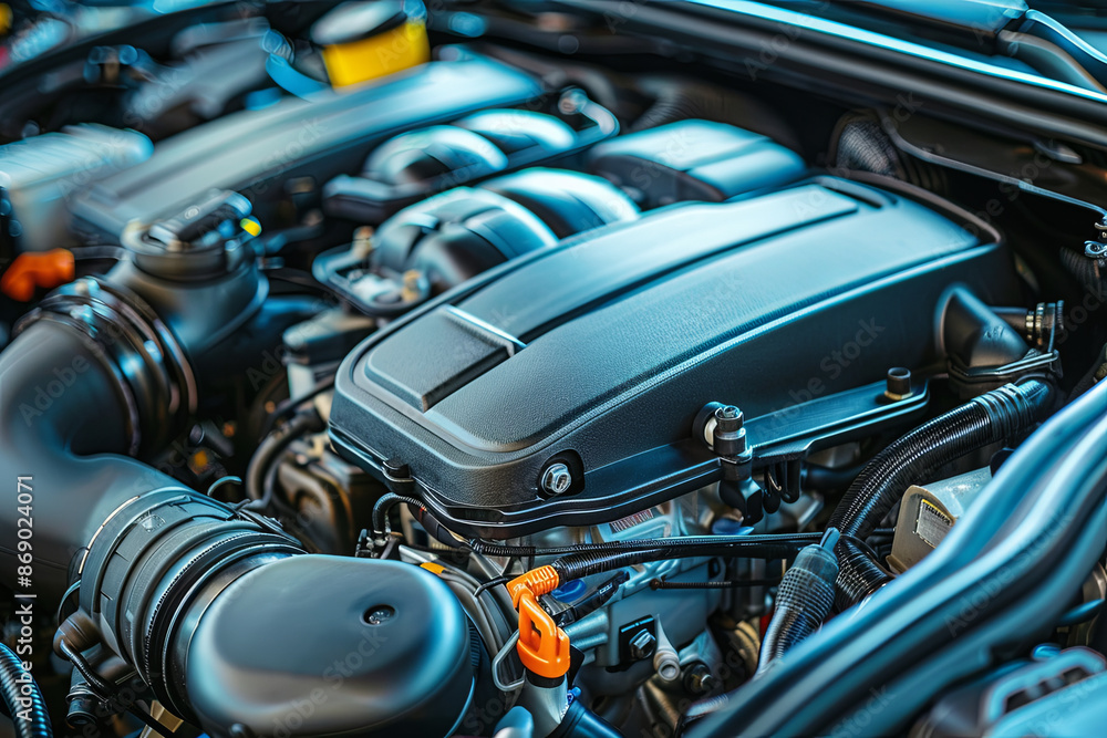 Engine of a modern car, automotive engineering Engine of a modern car, automotive engineering