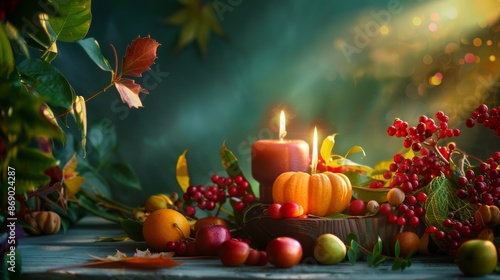 Cozy autumn scene with candles, pumpkins, and fruits surrounded by fall foliage, perfect for seasonal decorations or holiday themes.