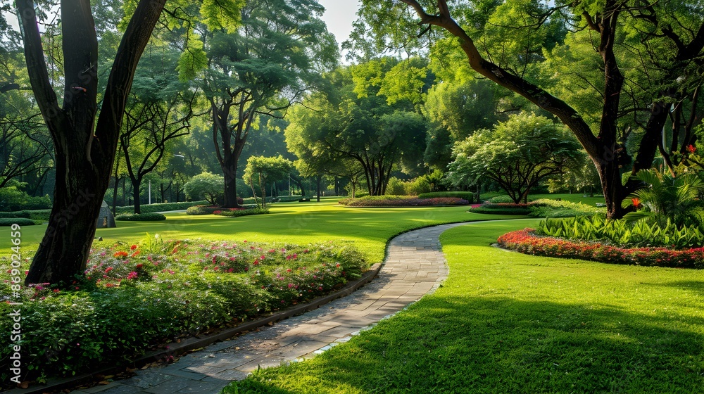 Fototapeta premium A city park with neatly manicured lawns image