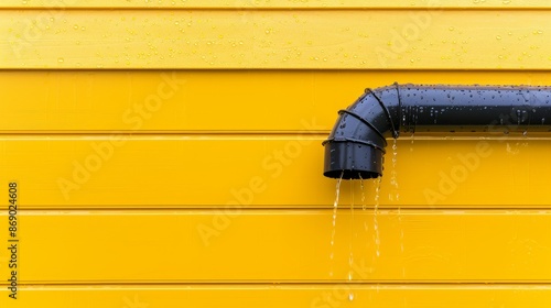Bright yellow house in rainfall, water cascading, black drainpipe elegantly curving, detailed drainage system, vibrant and functional