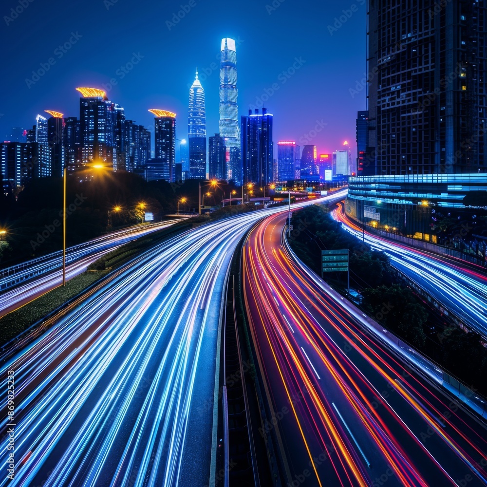 Naklejka premium Vibrant City Highway at Night with Fast-Moving Vehicles and Glowing Headlights. Dynamic Metropolis Showcasing Energy and Motion, AI-Generated High-Resolution Wallpaper，Technology, night city skyline, 