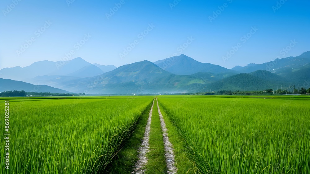 A path leading through green rice fields A path leading through green rice fields