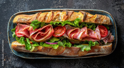 Freshly Made Ham and Lettuce Sub Sandwich on a Black Plate