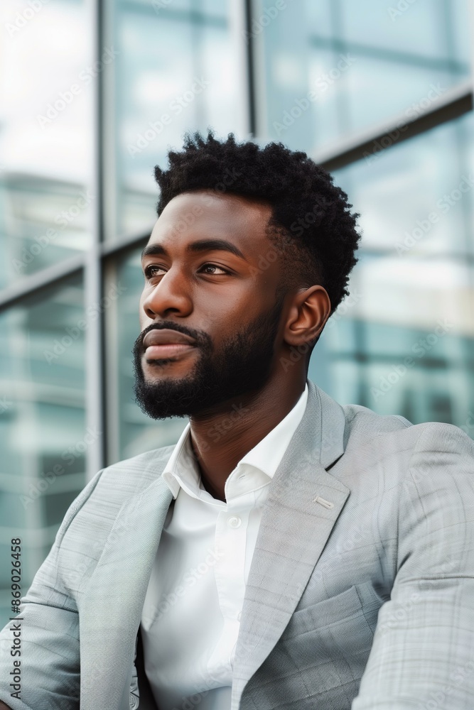 African American man with short hair and a beard, wearing a stylish suit, sitting outside a modern glass office building African American man with short hair and a beard, wearing a stylish suit, sitting outside a modern glass office building