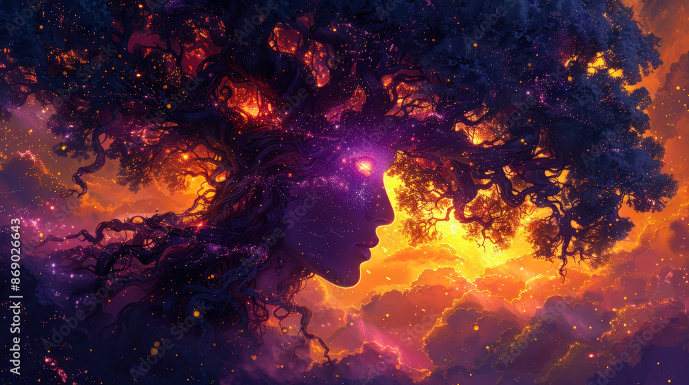 Mythological Figure With Glowing Third Eye And Cosmic Tree Mythological Figure With Glowing Third Eye And Cosmic Tree