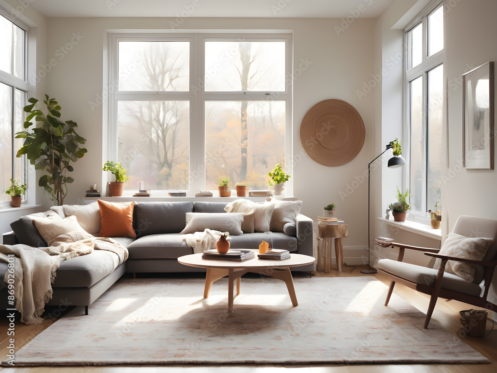 A bright and cozy living room with modern furniture, a soft rug, and large windows letting in natural light. A bright and cozy living room with modern furniture, a soft rug, and large windows letting in natural light.