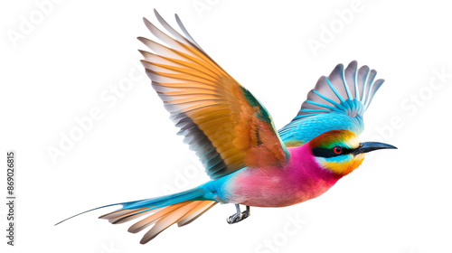 A colorful bird with a long tail is flying in the air isolated on a white background