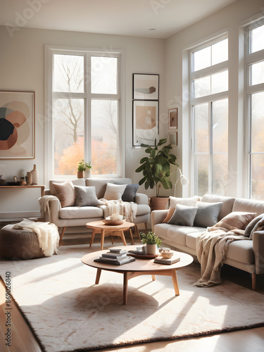 A bright and cozy living room with modern furniture, a soft rug, and large windows letting in natural light. © SeamlessLooPanda