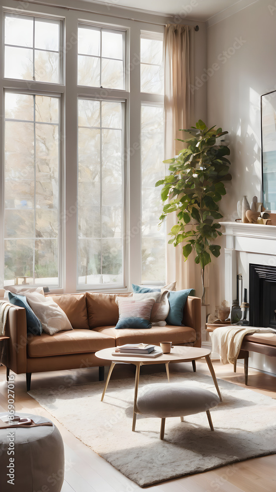 Fototapeta premium A bright and cozy living room with modern furniture, a soft rug, and large windows letting in natural light.