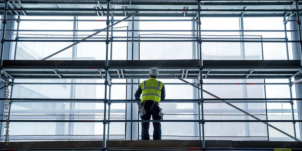 A construction worker wearing a high-visibility vest and hard hat stands within a building site surrounded by metal scaffolding, looking up towards the higher levels of the construction. A construction worker wearing a high-visibility vest and hard hat stands within a building site surrounded by metal scaffolding, looking up towards the higher levels of the construction.