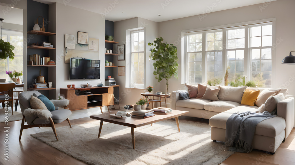 A bright and cozy living room with modern furniture, a soft rug, and large windows letting in natural light. A bright and cozy living room with modern furniture, a soft rug, and large windows letting in natural light.