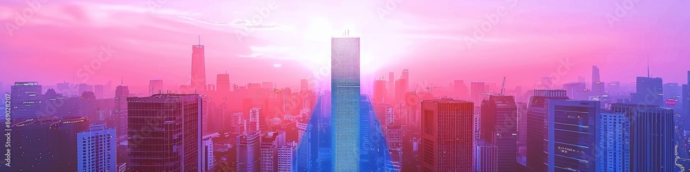 Obraz premium Low Angle View of Ultra-High Tower with Blue and Pink Gradient Neon Lights and Holographic Wireframe, 3D Technology Night City Skyline, Showcasing Vibrant Metropolis Energy and Motion, AI-Generated Hi