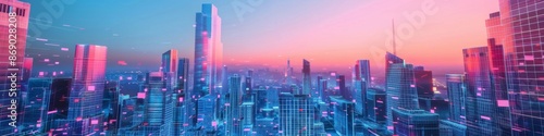 Low Angle View of Ultra-High Tower with Blue and Pink Gradient Neon Lights and Holographic Wireframe, 3D Technology Night City Skyline, Showcasing Vibrant Metropolis Energy and Motion, AI-Generated Hi
